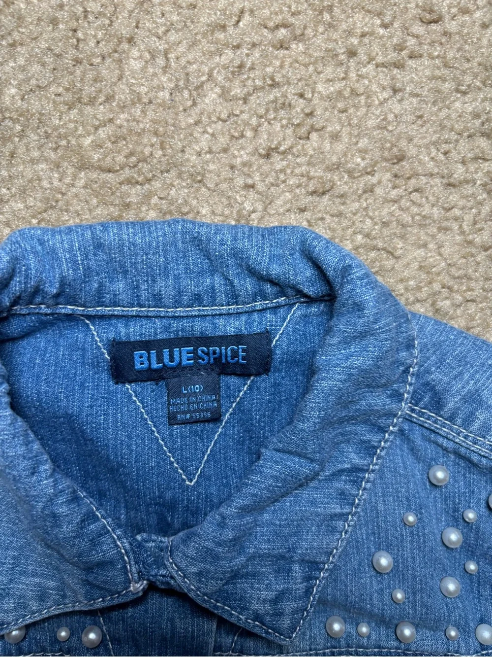 Girl’s pearl embellished denim jacket by Blue Spice-size large